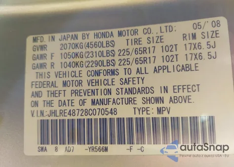 2008 Honda Cr-V Ex-L from USA, damaged, VIN JHLRE48728C070548